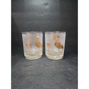 Culver Gold Flamingo Lowball‎ Glasses, Set of 2, Vintage Short Glasses, 22K Gold